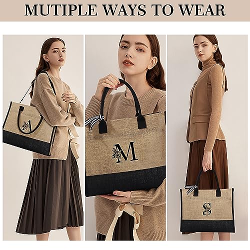 YOOLIFE Birthday Gifts for Women, Personalized Jute Monogram Initial Tote Bag Makeup Bag Gifts for Friends Female Bridesmaid Gifts Sister Gifts Daughter In Law Gifts Wedding Gifts Mothers Day Gifts M