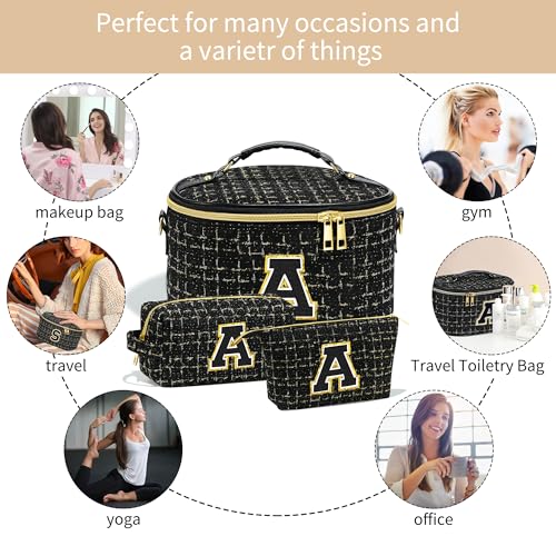 YOOLIFE Cosmetic Bag - Travel Makeup Bag Cosmetic Bag, Monogram Initial Makeup Bags, Cosmetic Bag, Make Up Bag, Cute Makeup Travel Toiletry Pouch Makeup Case, Personalized Black Makeup Bag for Women K