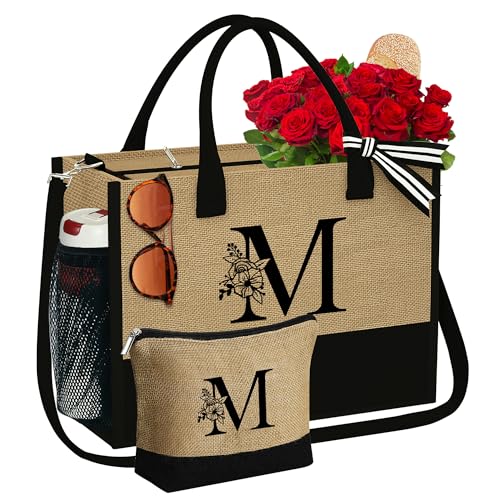 YOOLIFE Birthday Gifts for Women, Personalized Jute Monogram Initial Tote Bag Makeup Bag Gifts for Friends Female Bridesmaid Gifts Sister Gifts Daughter In Law Gifts Wedding Gifts Mothers Day Gifts M