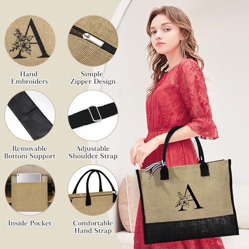 YOOLIFE Birthday Gifts for Women, Personalized Jute Monogram Initial Tote Bag Makeup Bag Gifts for Friends Female Bridesmaid Gifts Sister Gifts Daughter In Law Gifts Wedding Gifts Mothers Day Gifts M