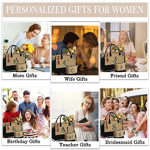 YOOLIFE Birthday Gifts for Women, Personalized Jute Monogram Initial Tote Bag Makeup Bag Gifts for Friends Female Bridesmaid Gifts Sister Gifts Daughter In Law Gifts Wedding Gifts Mothers Day Gifts M