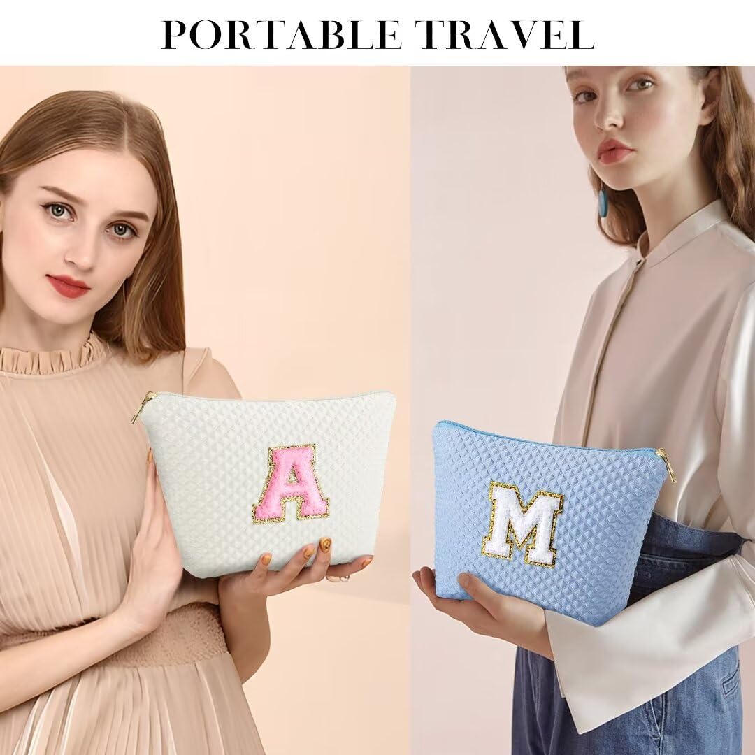 YOOLIFE Makeup Bag - Personalized Makeup Bag, Monogram Initial Makeup Cosmetic Bag, Cute Makeup Pouch, Travel Makeup Bag, Travel Toiletry Bag, Makeup Case, Make Up Bag, White Makeup Bag for Teens M