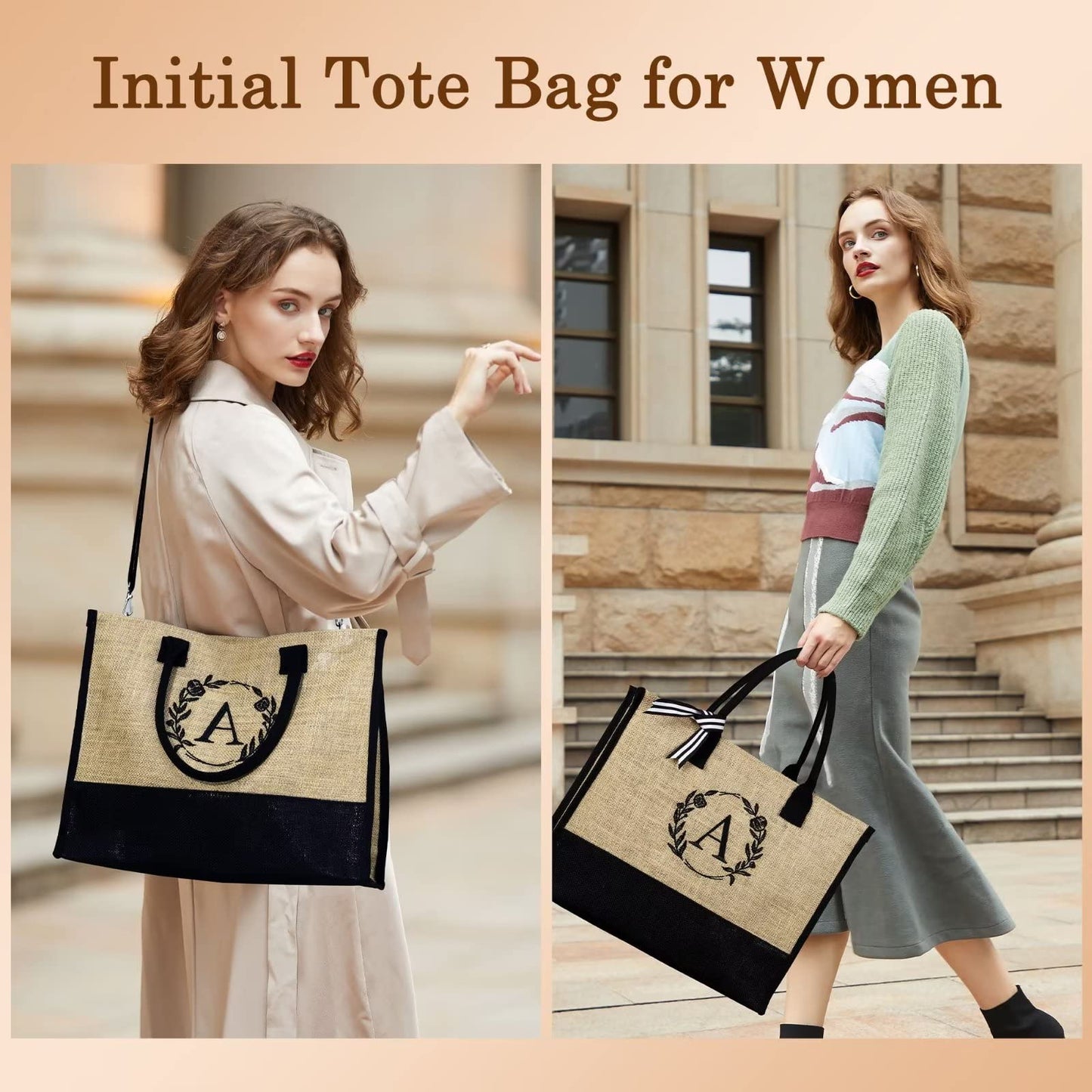 YOOLIFE Gifts for Women - Birthday Gifts for Women Initial Tote Bag with Zipper Birthday Gifts for Women Teacher Appreciation Gifts M Letter Jute Tote Bag Gifts for Women Mom Teacher Friend Female