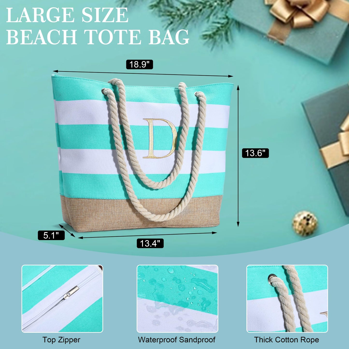 YOOLIFE Mothers Day Gifts - Mom Gifts, Gifts for Women, Graduation Gifts for Her, Bridesmaid Gifts, Gifts for Women Birthday Friend, Beach Gifts Blue Beach Bag, Initial Beach Tote Pool Bag A