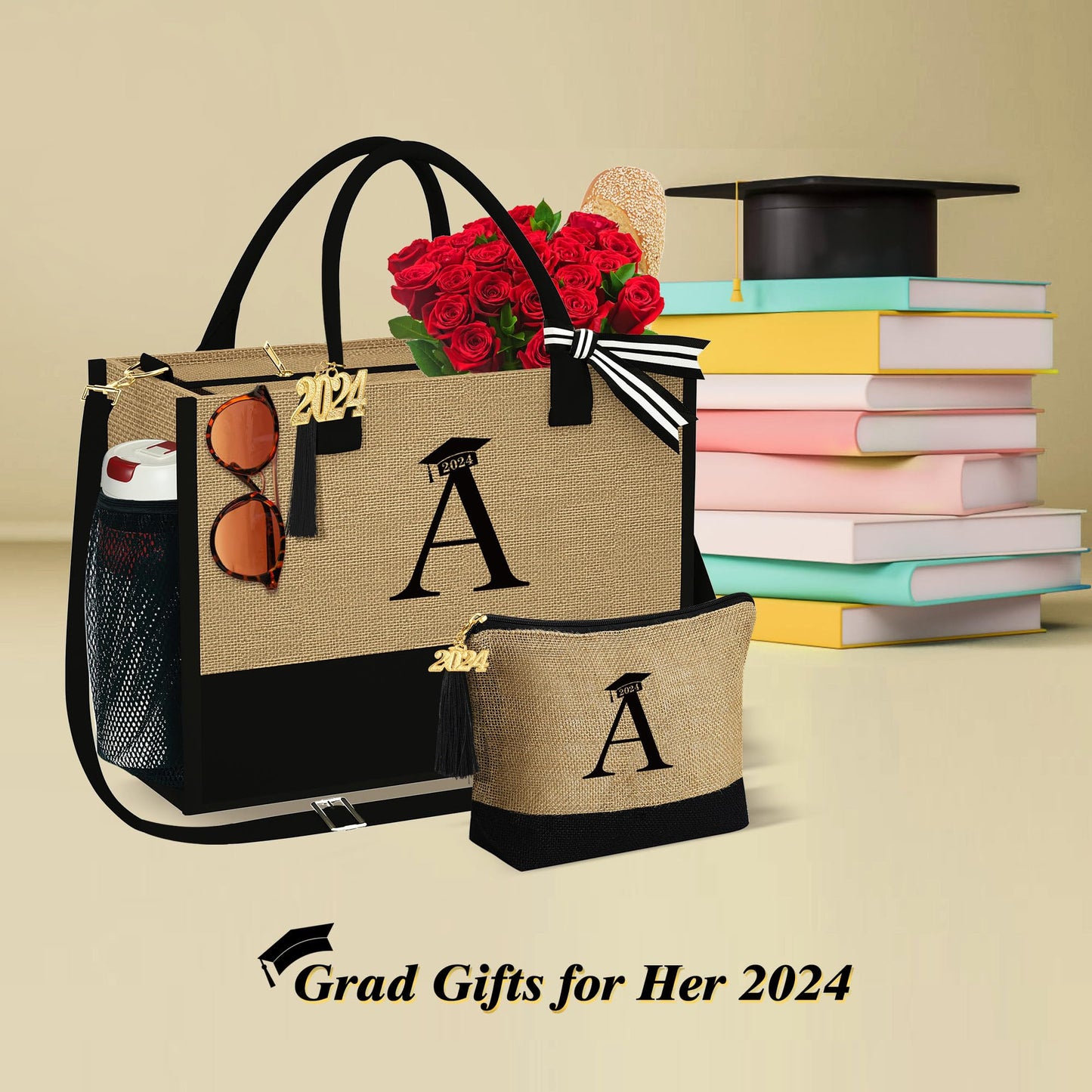 YOOLIFE Graduation Gifts Bags for Her, Class of 2024 Gifts for Her Friend Graduation Gifts Initial Jute Tote Bag & Makeup Bag Grad Gifts Girlfriend Teacher Graduation Gifts for Women Her Letter A