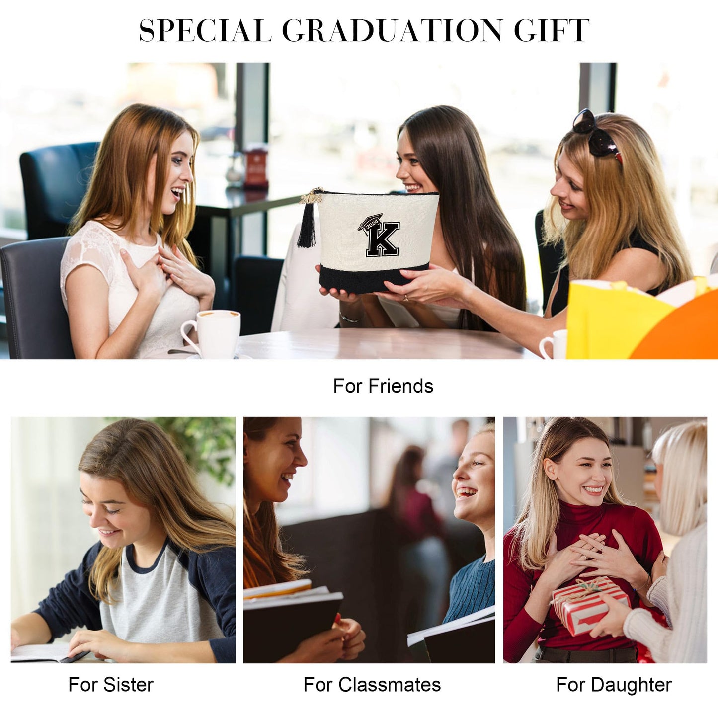 YOOLIFE 2024 Graduation Gifts for Her, Initial A Travel Makeup Bag Make Up Bag with Tassels Graduation Gifts for Her Class of 2024 Gifts 5th 8th Grad Graduation Gifts for Her Friends Teacher