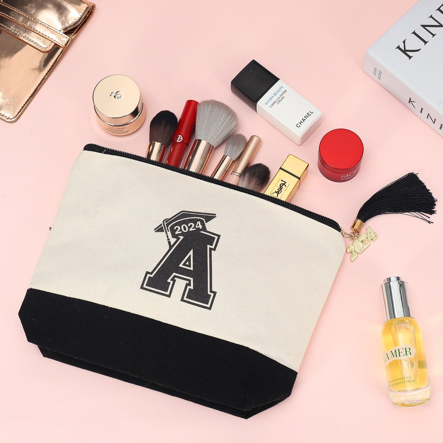 YOOLIFE 2024 Graduation Gifts for Her, Initial A Travel Makeup Bag Make Up Bag with Tassels Graduation Gifts for Her Class of 2024 Gifts 5th 8th Grad Graduation Gifts for Her Friends Teacher