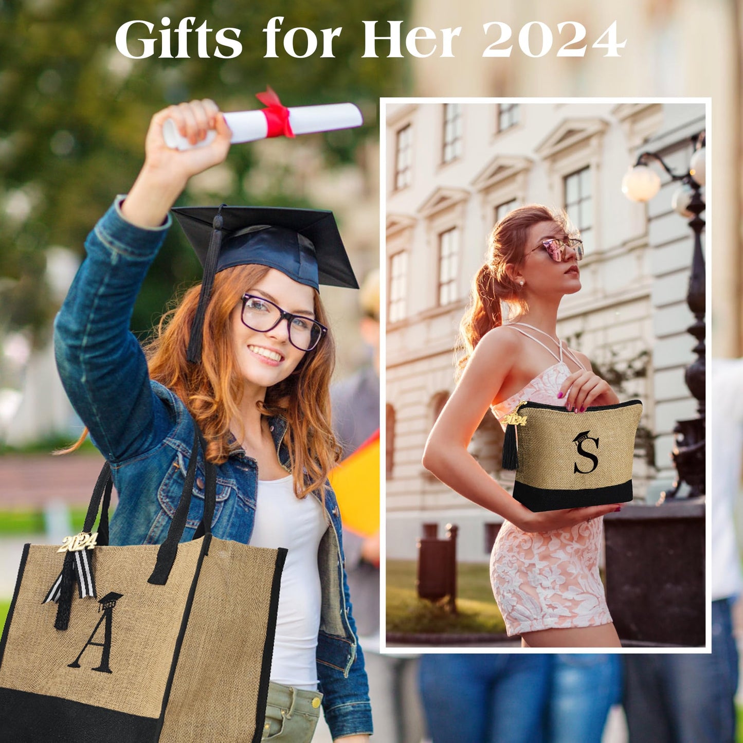 YOOLIFE Graduation Gifts Bags for Her, Class of 2024 Gifts for Her Friend Graduation Gifts Initial Jute Tote Bag & Makeup Bag Grad Gifts Girlfriend Teacher Graduation Gifts for Women Her Letter A