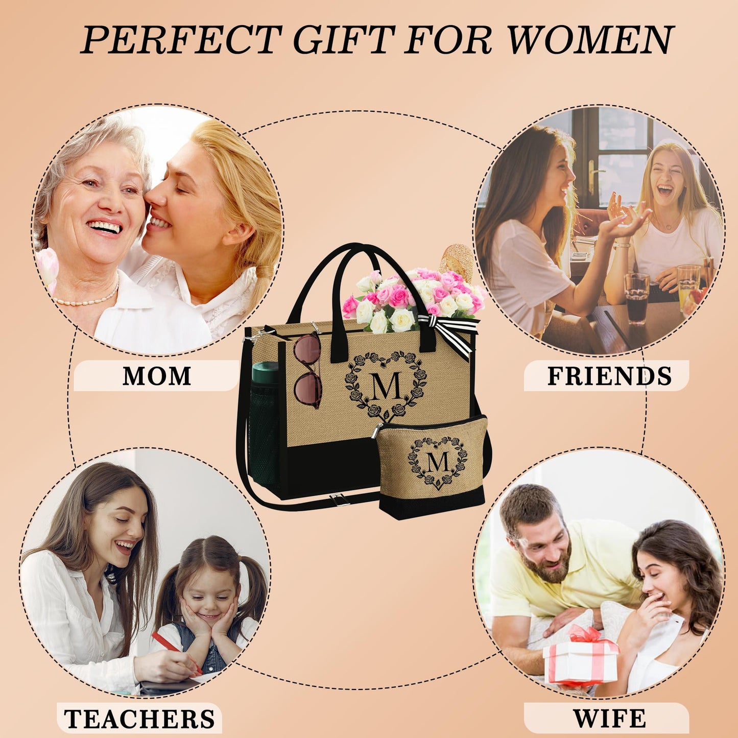 YOOLIFE Personalized Jute Tote Bag for Women, Best Friend Birthday Gifts Initial Beach Bag Large Tote Bag Mom Grandma Mothers Day Gift Basket Teacher Appreciation Gifts for Women Mom Her Letter M