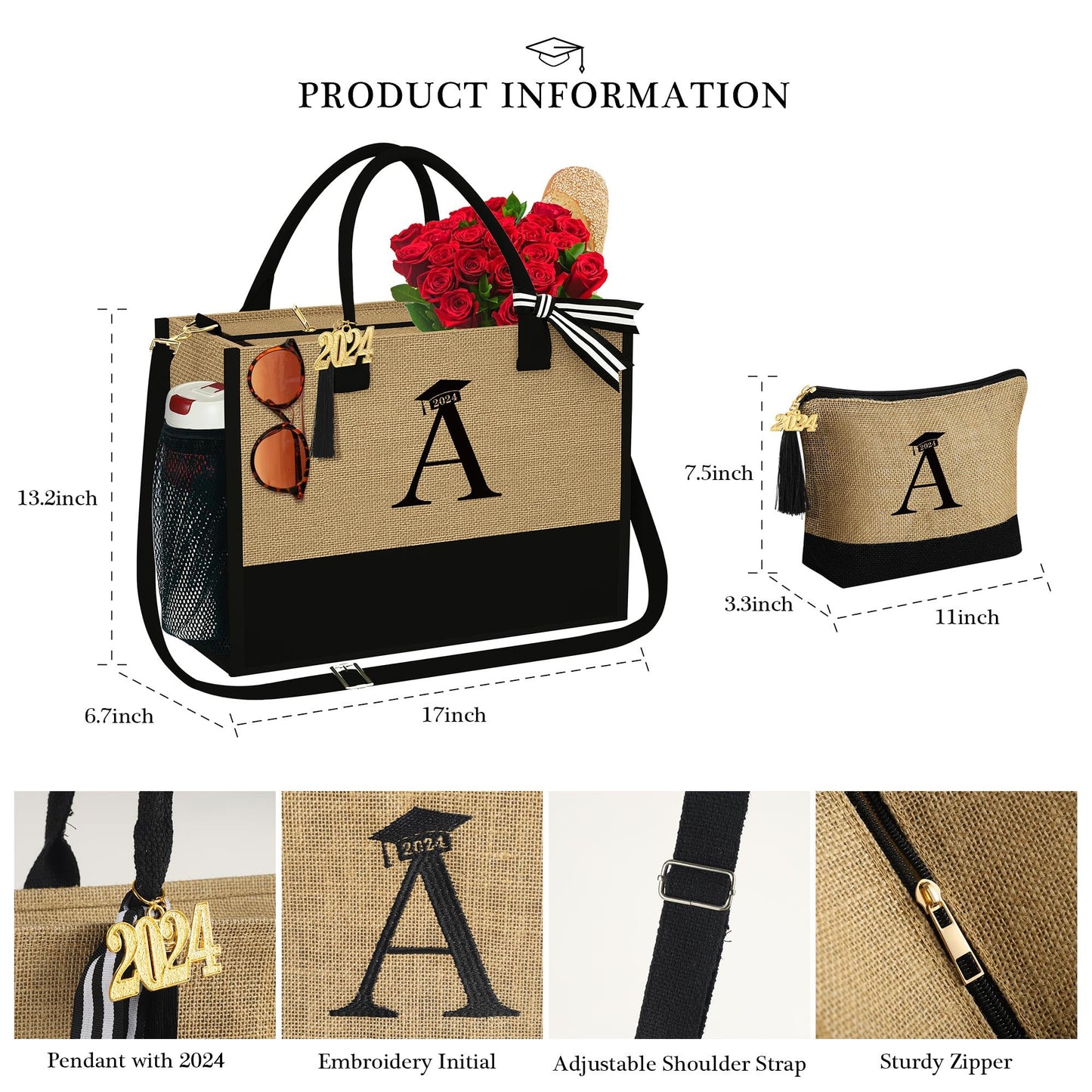 YOOLIFE Graduation Gifts Bags for Her, Class of 2024 Gifts for Her Friend Graduation Gifts Initial Jute Tote Bag & Makeup Bag Grad Gifts Girlfriend Teacher Graduation Gifts for Women Her Letter A