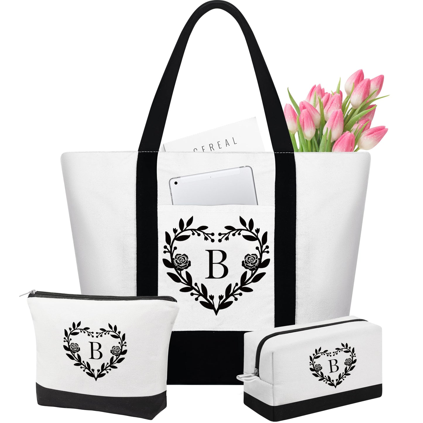 YOOLIFE Birthday Gifts for Women - 30th Birthday Gifts for Her Canvas Tote Bag with 2 Makeup Bags Gifts for Mom Wedding Gifts Teacher Gifts Bridesmaid Gifts Thank You Bags Gifts for Women Initial B