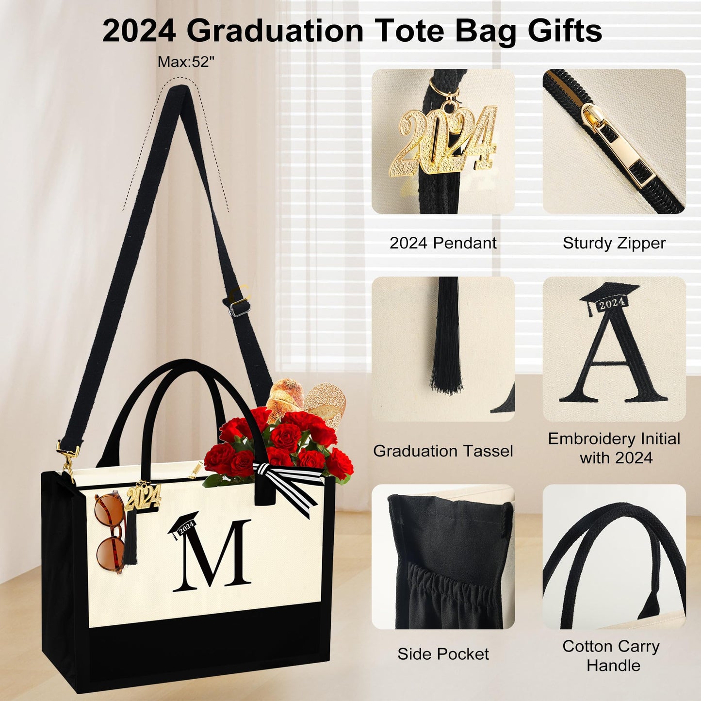 YOOLIFE Cool Graduation Gifts for Women Her - College Graduation Gifts for Her 2024 Initial Tote Bag Class of 2024 Gifts Graduation Gift for Her Women Granddaughter Daughter Graduation Gift 2024 M