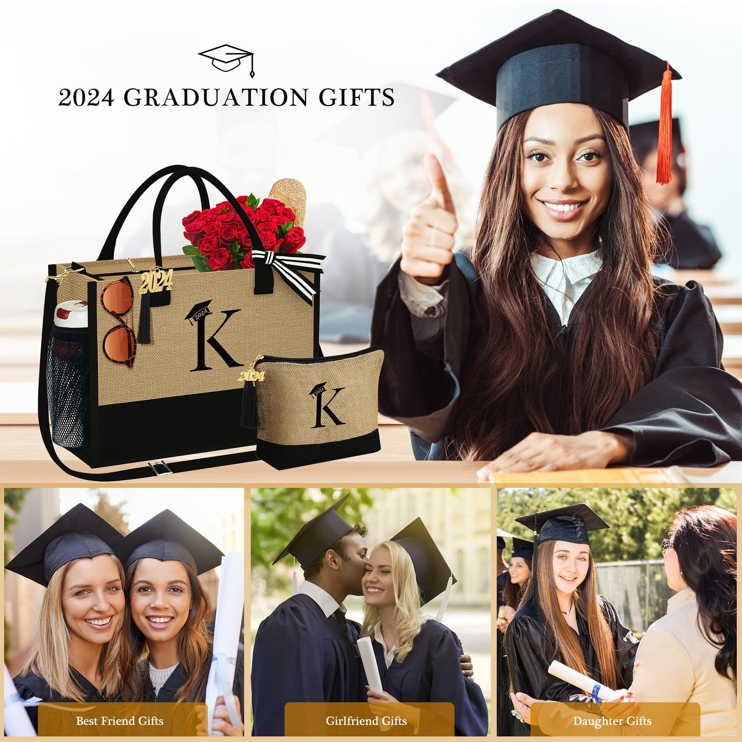 YOOLIFE Graduation Gifts Bags for Her, Class of 2024 Gifts for Her Friend Graduation Gifts Initial Jute Tote Bag & Makeup Bag Grad Gifts Girlfriend Teacher Graduation Gifts for Women Her Letter A