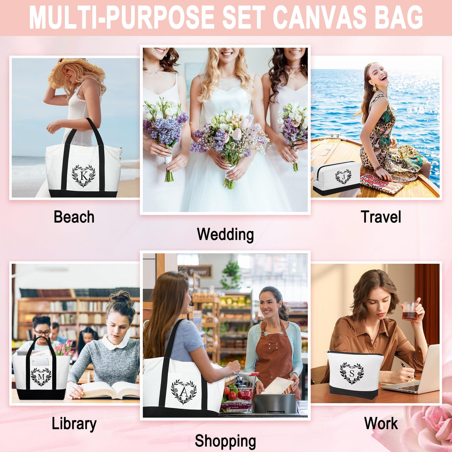 YOOLIFE Birthday Gifts for Women - 30th Birthday Gifts for Her Canvas Tote Bag with 2 Makeup Bags Gifts for Mom Wedding Gifts Teacher Gifts Bridesmaid Gifts Thank You Bags Gifts for Women Initial B