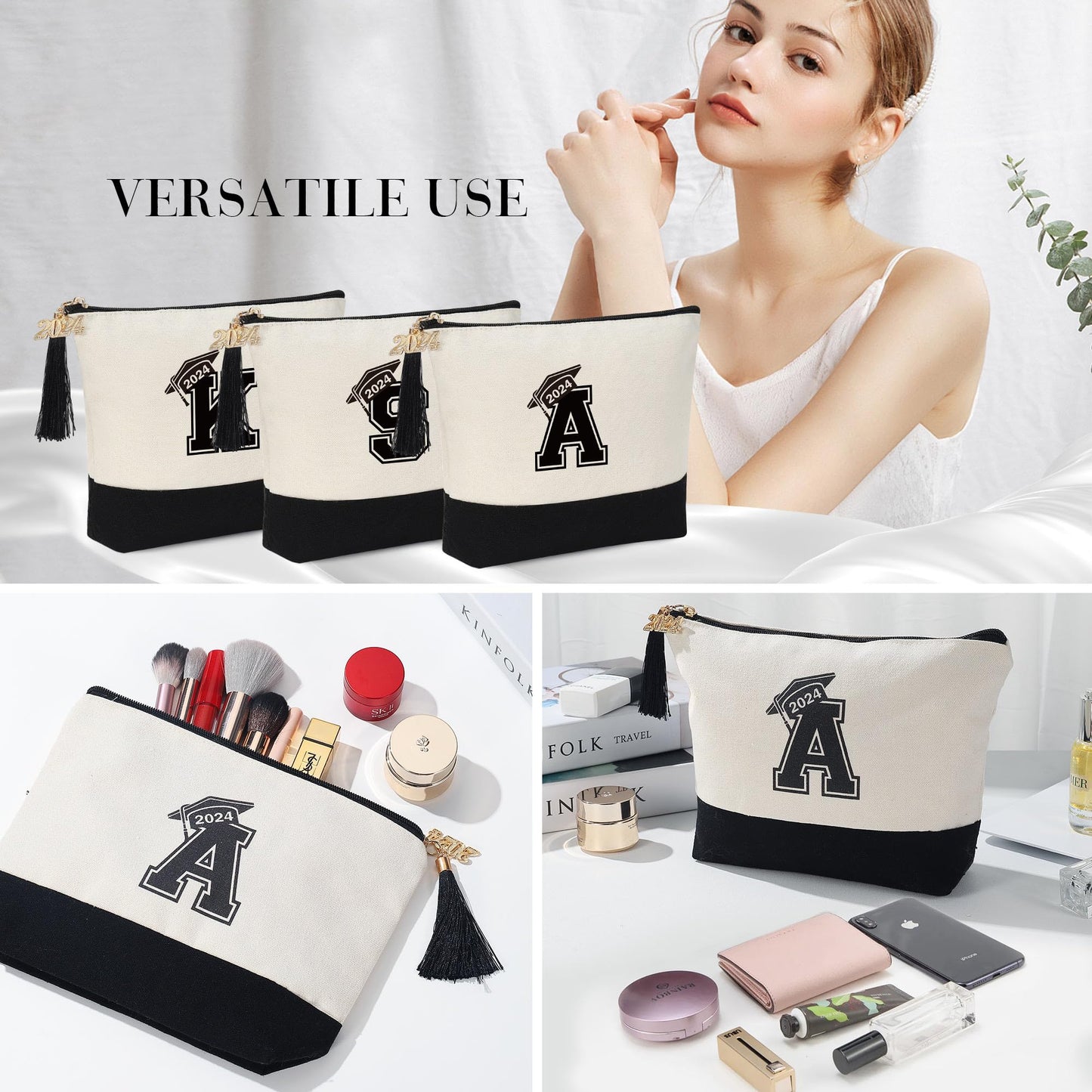 YOOLIFE 2024 Graduation Gifts for Her, Initial A Travel Makeup Bag Make Up Bag with Tassels Graduation Gifts for Her Class of 2024 Gifts 5th 8th Grad Graduation Gifts for Her Friends Teacher