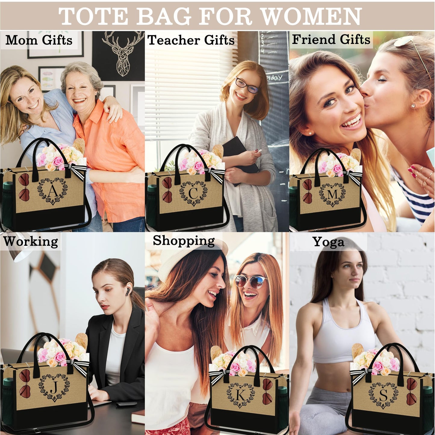 YOOLIFE Birthday Gifts for Women, Initial Jute Tote Bag Teacher Gifts for Women Wedding Gift Best Friend Birthday Gifts Graduation Gifts Unique Christmas Gifts for Women Beach Bag Monogram Tote Bag M