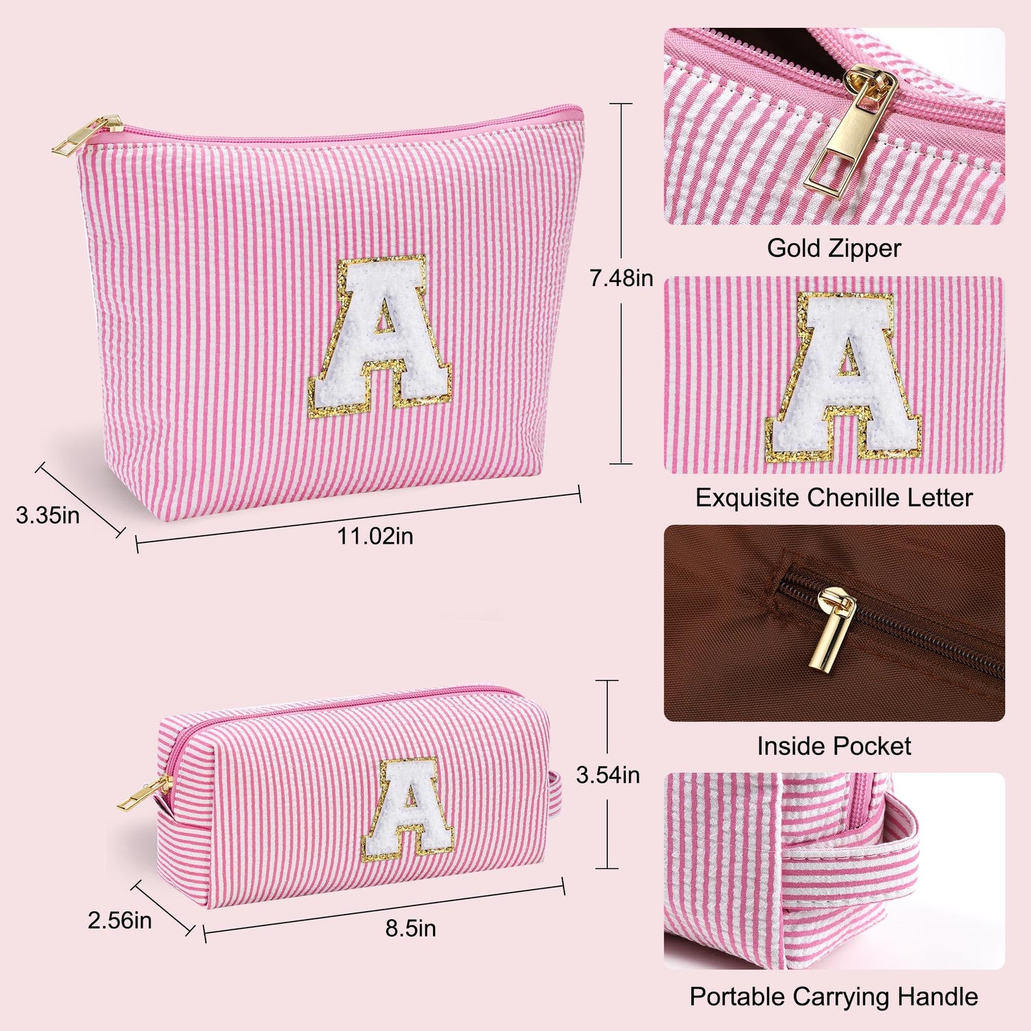 YOOLIFE Mothers Day Gifts Graduation Gifts Personalized Initial Cute Pink Cosmetic Makeup Bag Pouch Make Up Bags Travel Toiletry Bag for Her Mom Girlfriend Wife Teacher Birthday Gifts for Women A