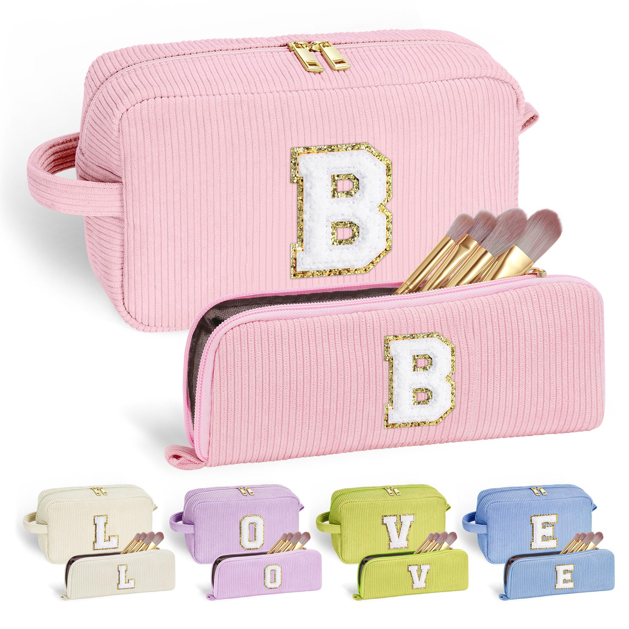 YOOLIFE Personalized Initial Makeup Bag | Pink Cosmetic Travel Toiletry Bag | 11 12 13 14 15 16 Years Old Girl Gifts, Gifts for Women Preppy Stuff Teen Girl Gift Trendy Stuff Letter A