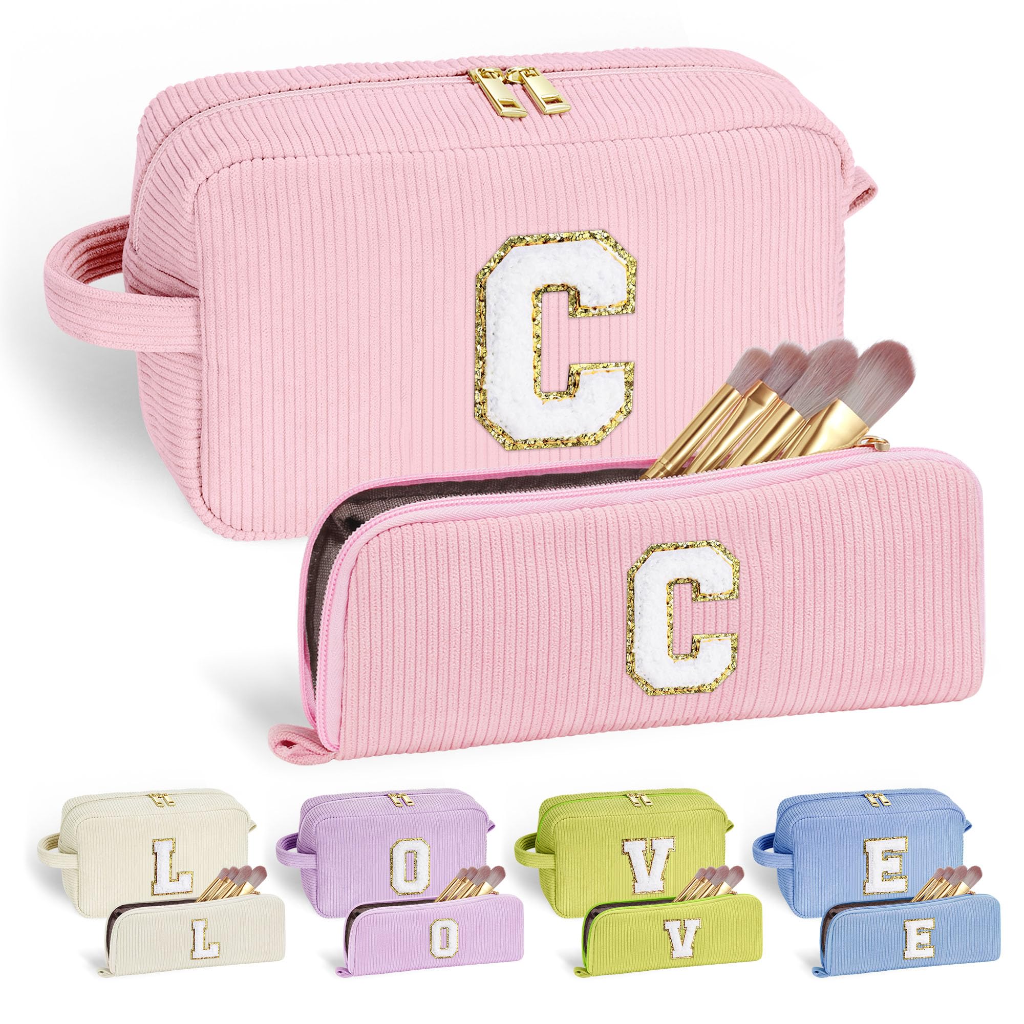 YOOLIFE Personalized Initial Makeup Bag | Pink Cosmetic Travel Toiletry Bag | 11 12 13 14 15 16 Years Old Girl Gifts, Gifts for Women Preppy Stuff Teen Girl Gift Trendy Stuff Letter A