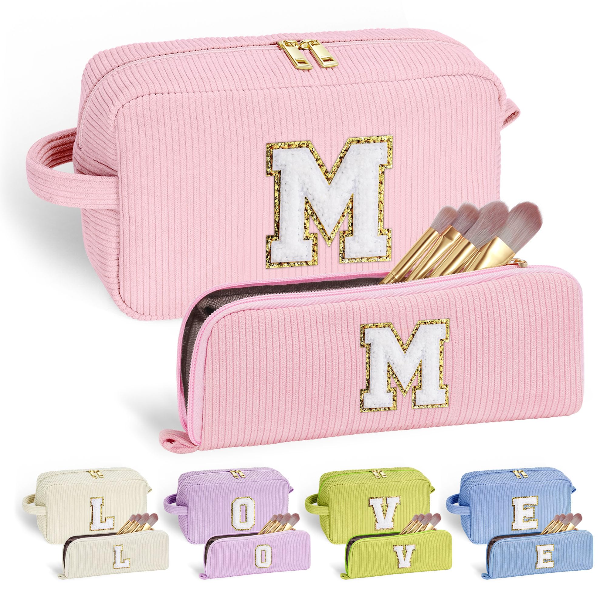 YOOLIFE Personalized Initial Makeup Bag | Pink Cosmetic Travel Toiletry Bag | 11 12 13 14 15 16 Years Old Girl Gifts, Gifts for Women Preppy Stuff Teen Girl Gift Trendy Stuff Letter A