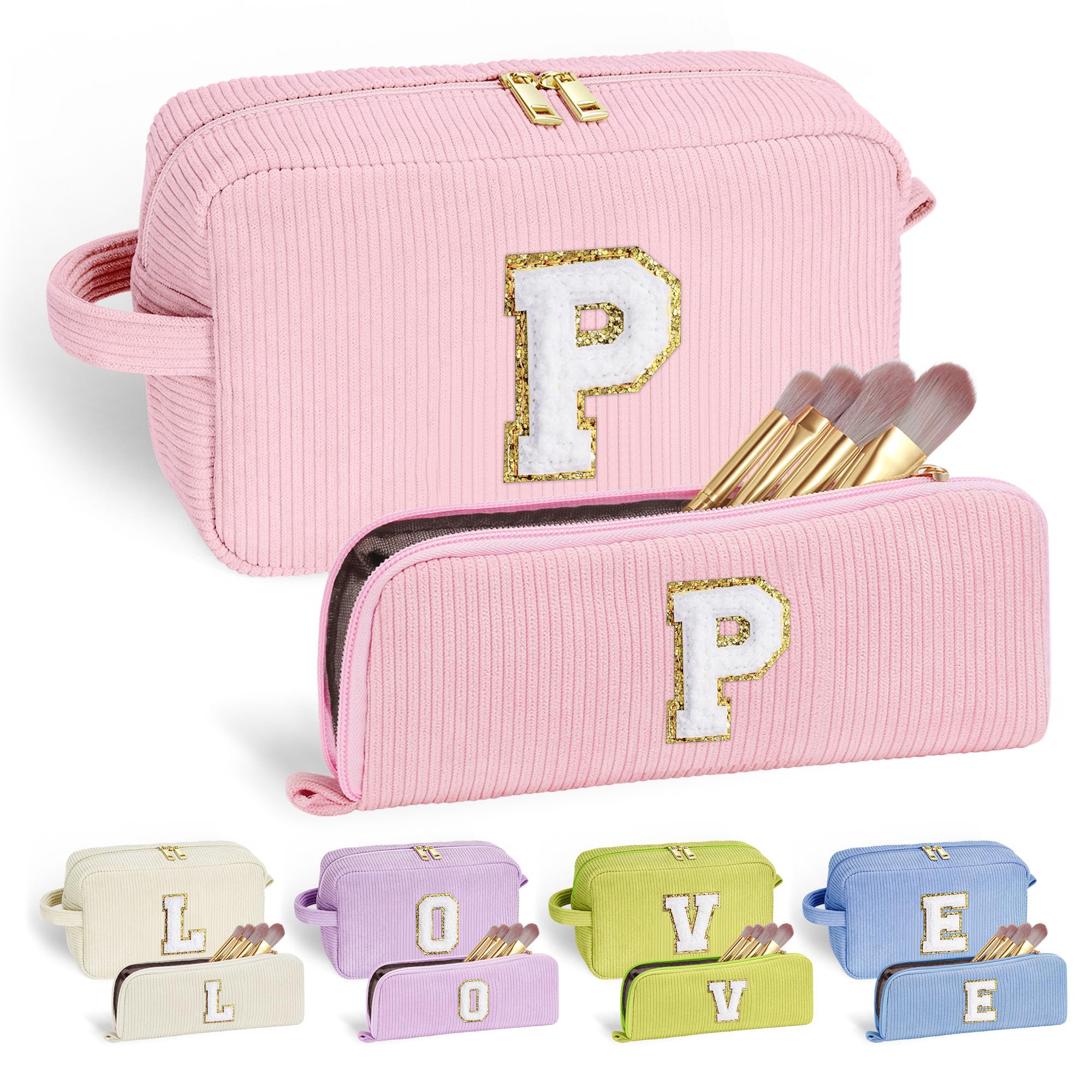YOOLIFE Personalized Initial Makeup Bag | Pink Cosmetic Travel Toiletry Bag | 11 12 13 14 15 16 Years Old Girl Gifts, Gifts for Women Preppy Stuff Teen Girl Gift Trendy Stuff Letter A