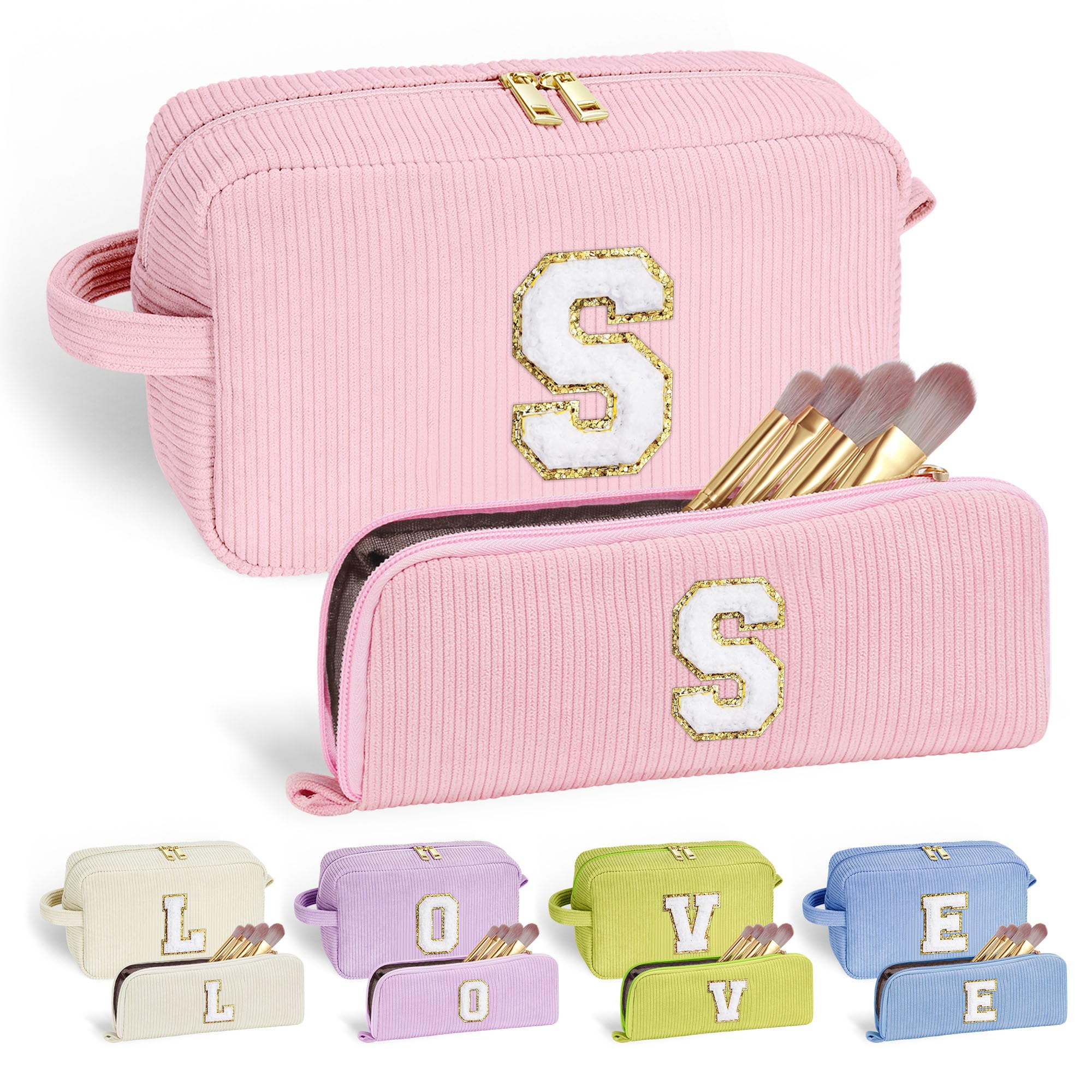 YOOLIFE Personalized Initial Makeup Bag | Pink Cosmetic Travel Toiletry Bag | 11 12 13 14 15 16 Years Old Girl Gifts, Gifts for Women Preppy Stuff Teen Girl Gift Trendy Stuff Letter A