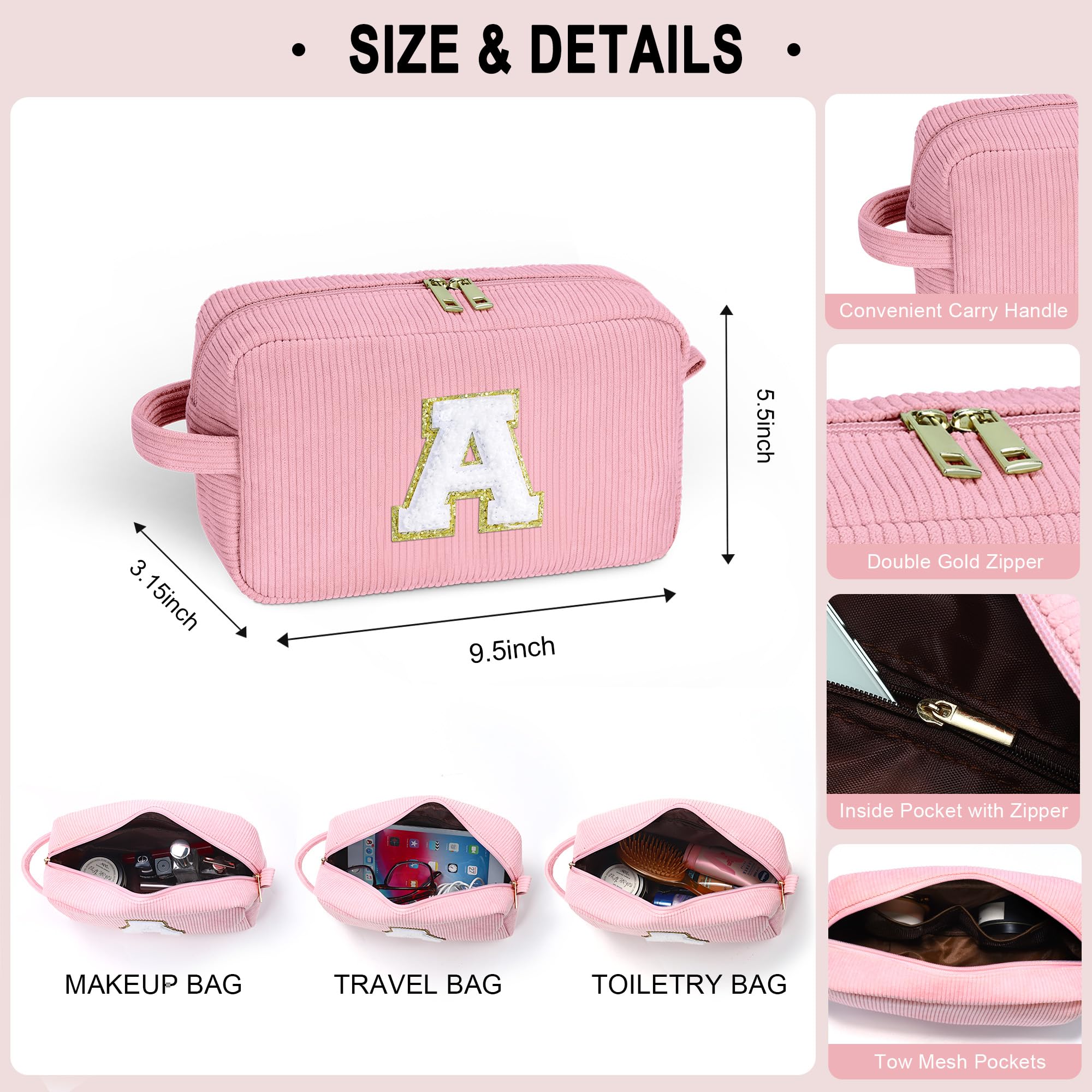 YOOLIFE Personalized Initial Makeup Bag | Pink Cosmetic Travel Toiletry Bag | 11 12 13 14 15 16 Years Old Girl Gifts, Gifts for Women Preppy Stuff Teen Girl Gift Trendy Stuff Letter A