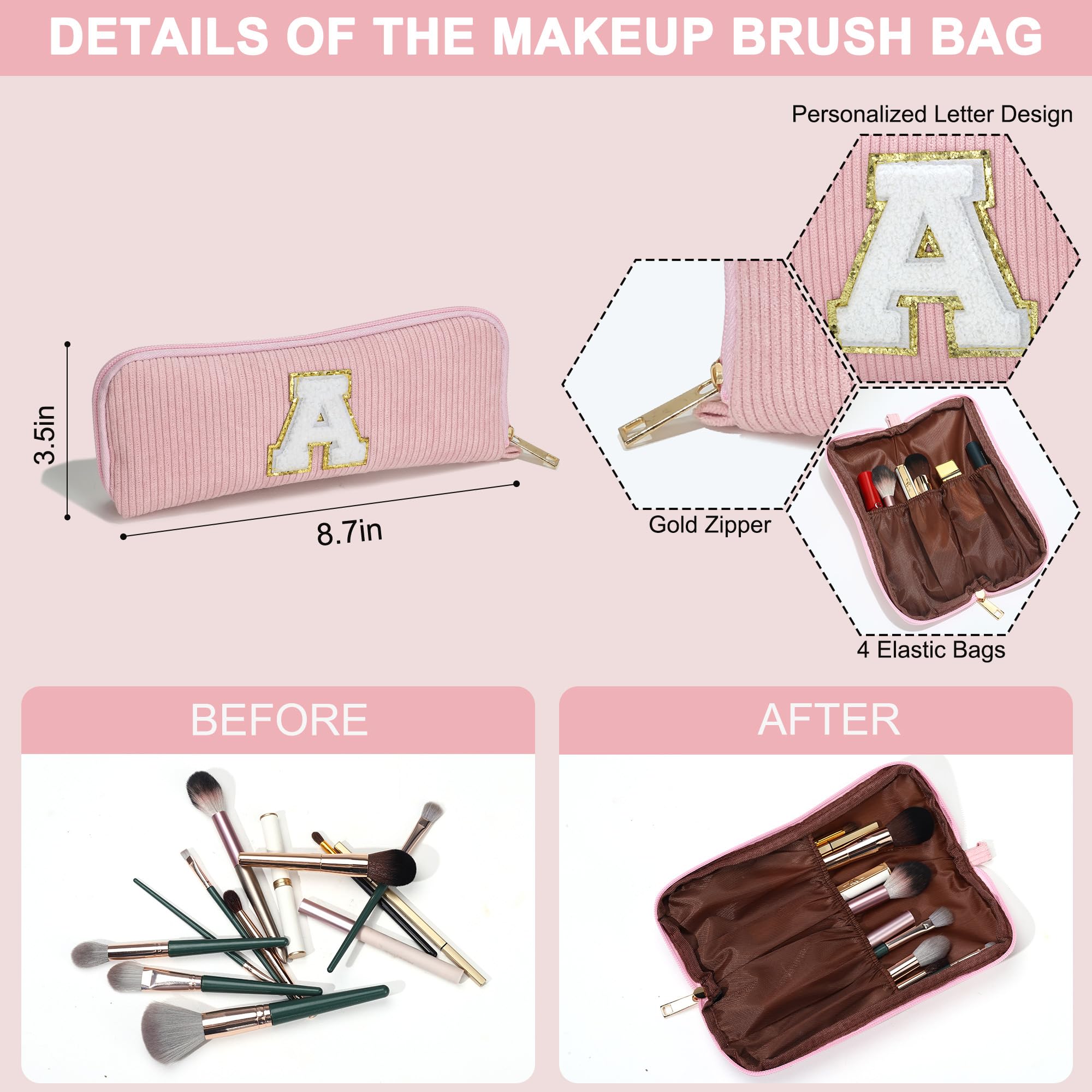 YOOLIFE Personalized Initial Makeup Bag | Pink Cosmetic Travel Toiletry Bag | 11 12 13 14 15 16 Years Old Girl Gifts, Gifts for Women Preppy Stuff Teen Girl Gift Trendy Stuff Letter A