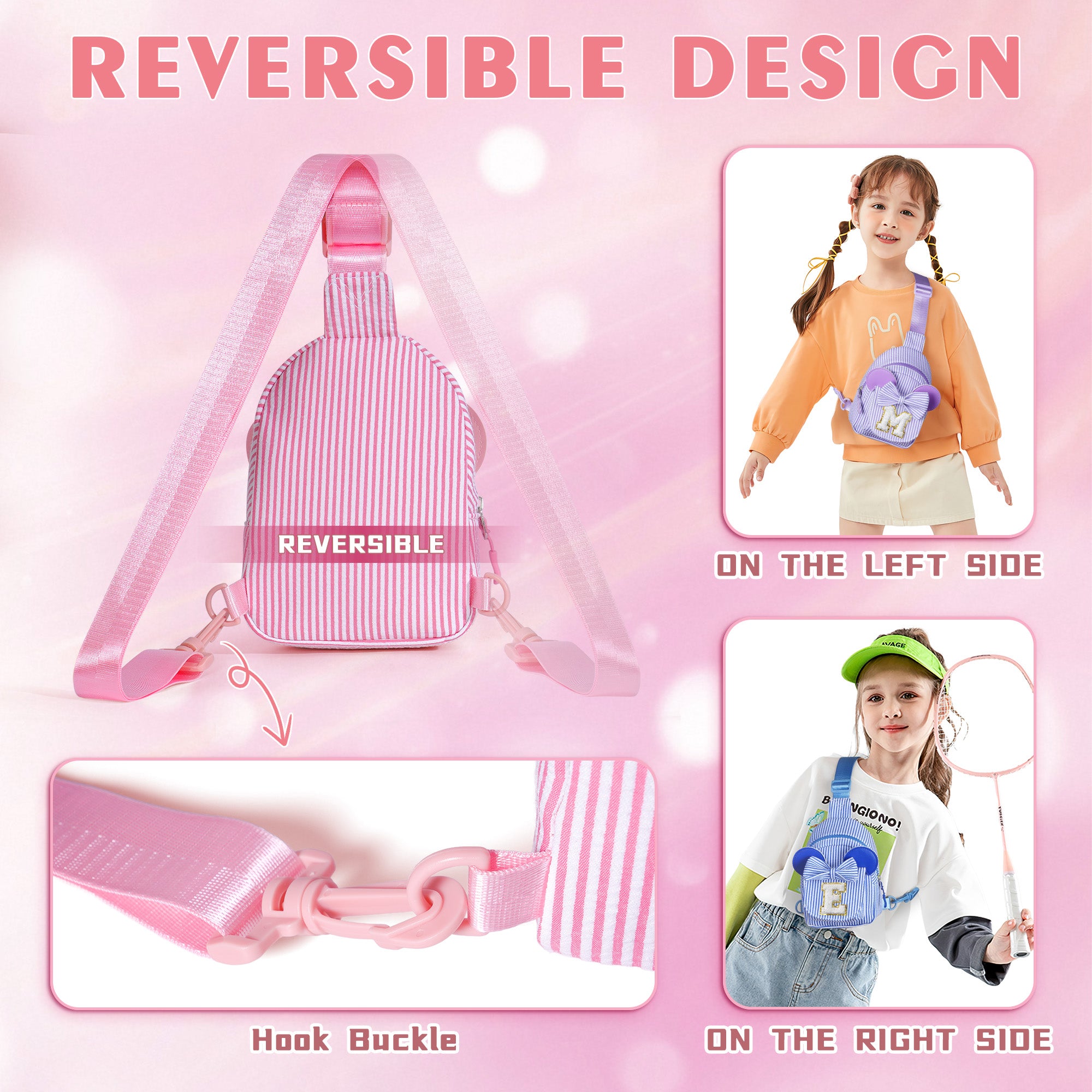 YOOLIFE Easter Gifts for Kids Girls, Initial Pink Sling Bag for Kid Girls | Small Initial Monogram Fanny Packs Crossbody Bag Purse for Girl Kid Year Old Birthday Gift, Easter Basket Stuffers (Pink A)