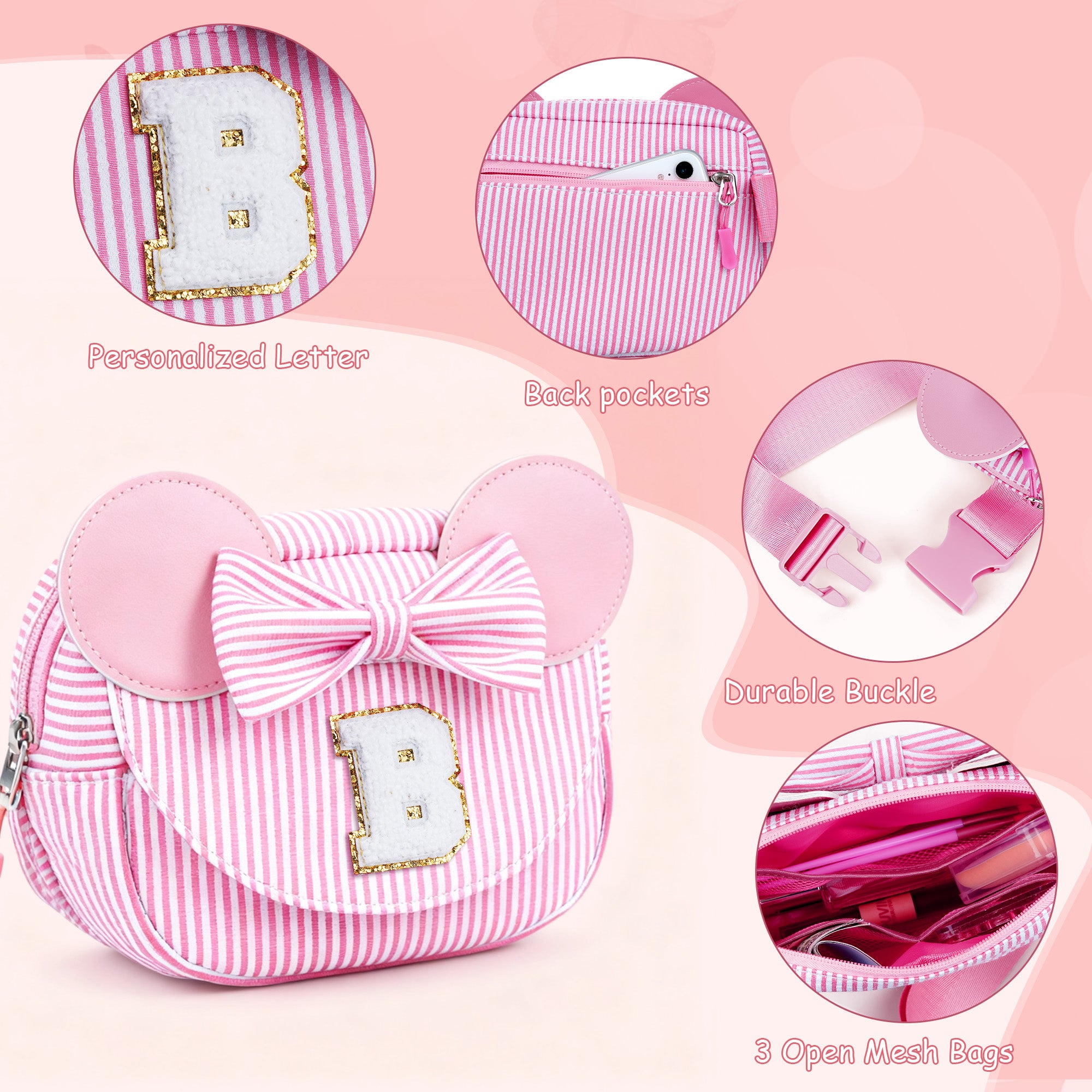 YOOLIFE Easter Basket Stuffers for Kids Girl Birthday Gift - Birthday Gifts for 4 5 6 7 8 Year Old Girls, Initial Crossbody Bag Letter Belt Bag Pink Fanny Pack Sling Bags Purse for Girl Kids, Pink A